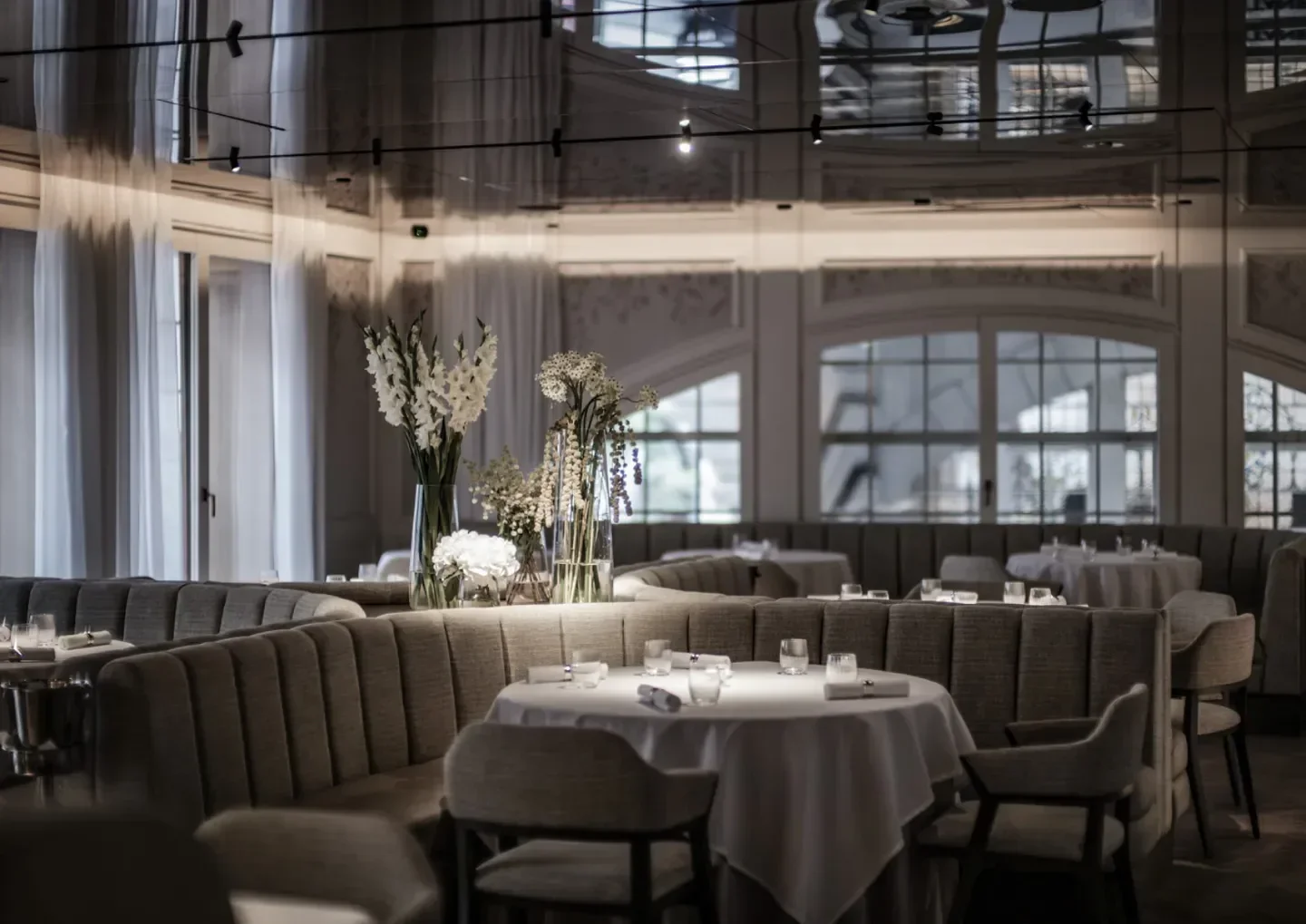 Elegant dining room interior at Alex Dilling at Hotel Cafe Royal in London.