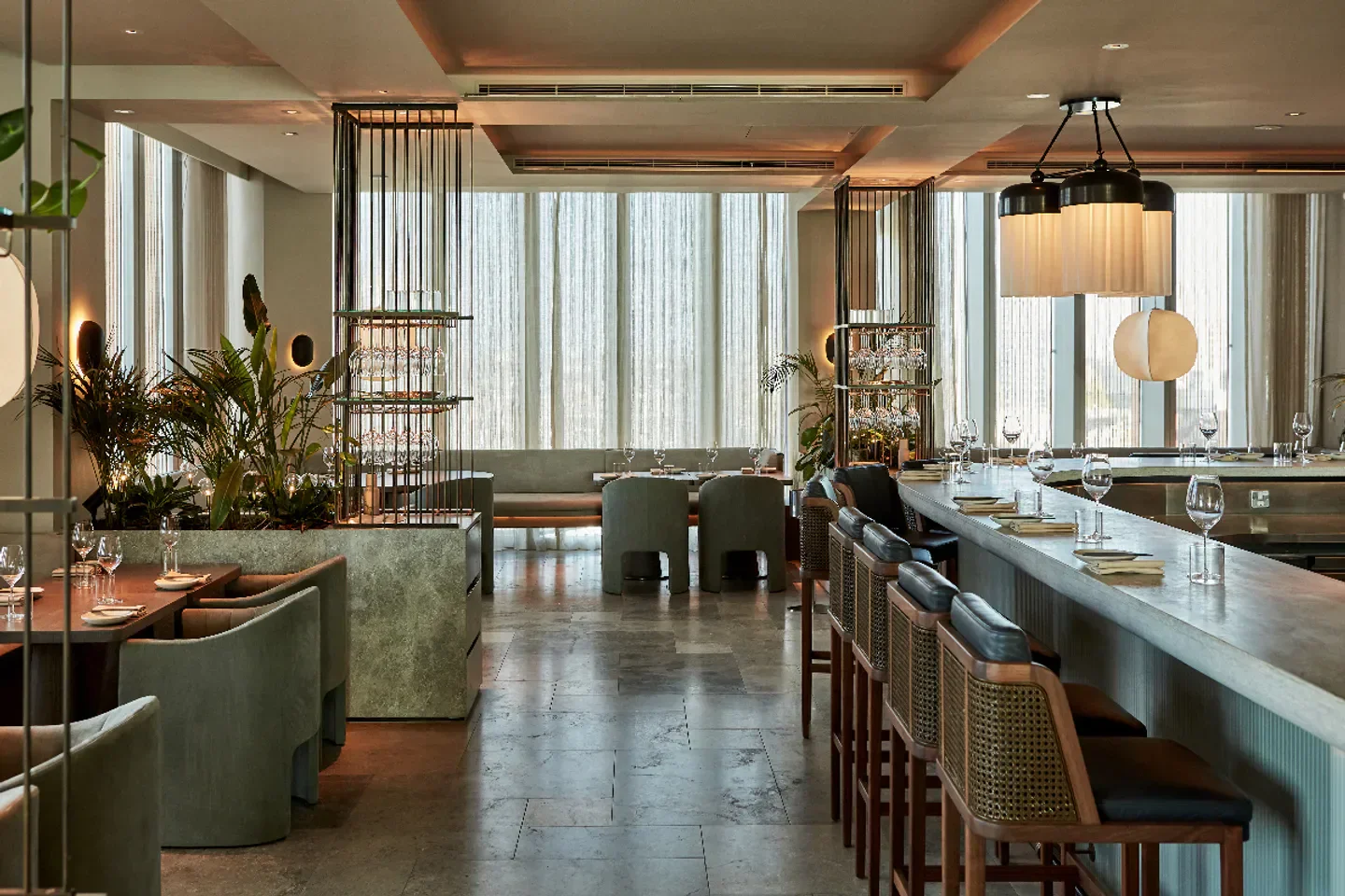 Interior of Allegra restaurant in London, with stylish bar and dining area