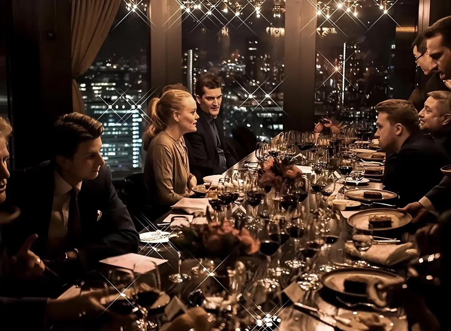 Dining at City Social restaurant in London, with city view at night.