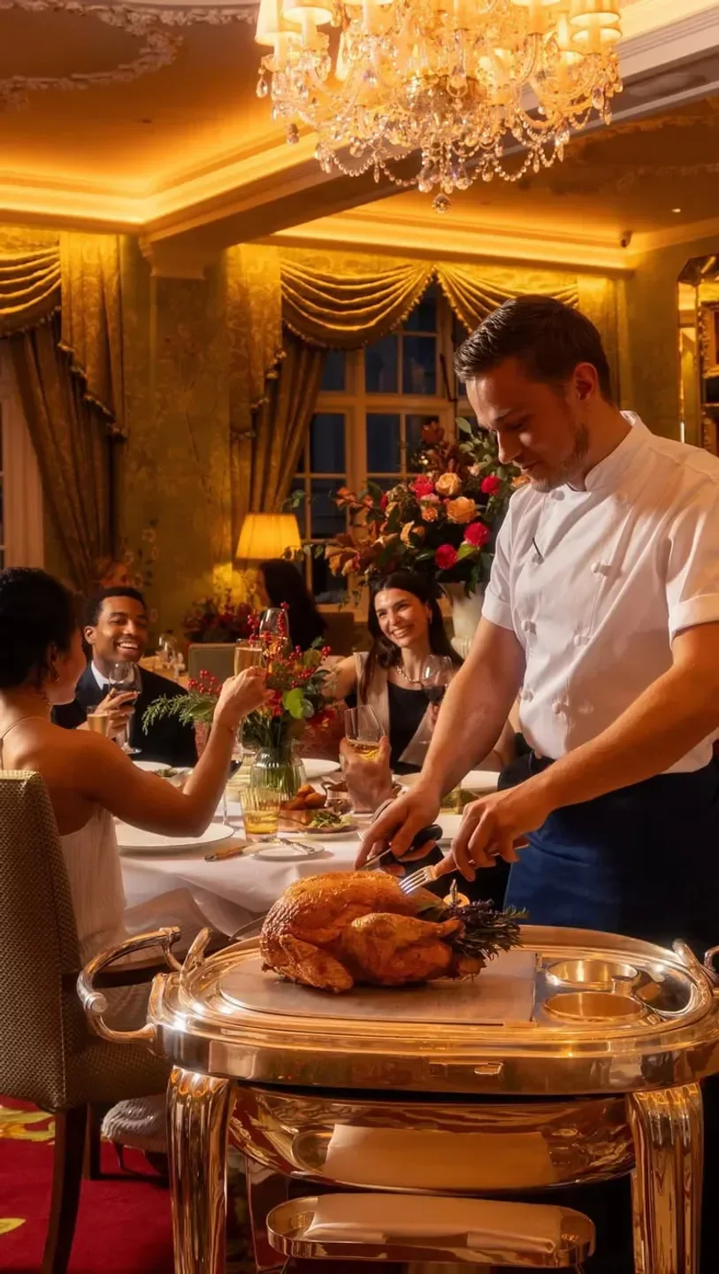 Chef carving roasted chicken at The Dining Room at The Goring, London restaurant.