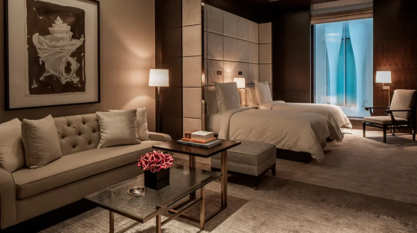 Elegant hotel room at Four Seasons Hotel London at Tower Bridge, London with cozy interior.