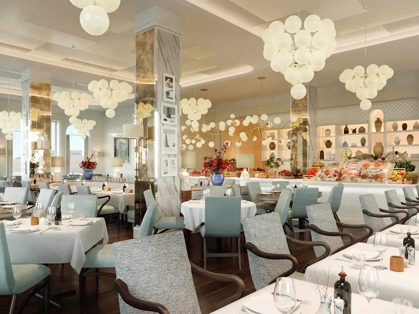 Elegant dining area at Gaia Mayfair restaurant in London, with stylish decor and ambiance