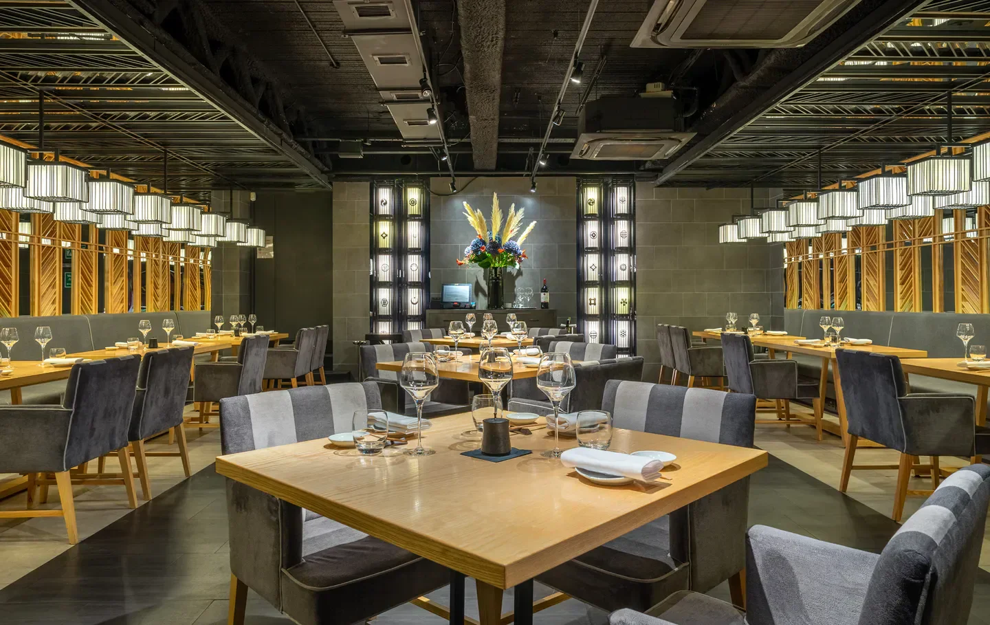 Ginza St James restaurant in London, elegant dining room with stylish decor and lighting