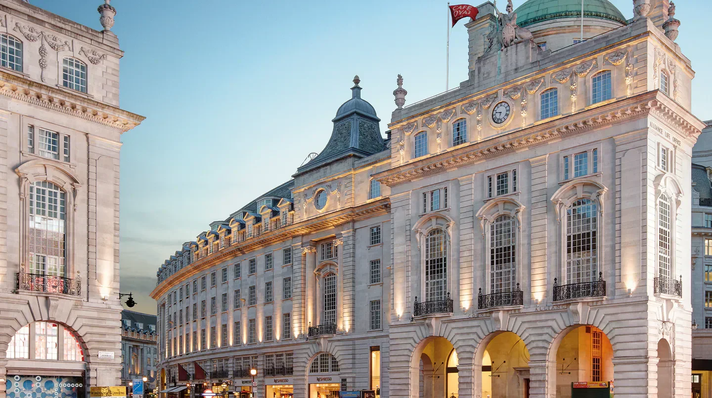 Exterior view of the iconic Hotel Café Royal in London, showcasing elegant architecture.