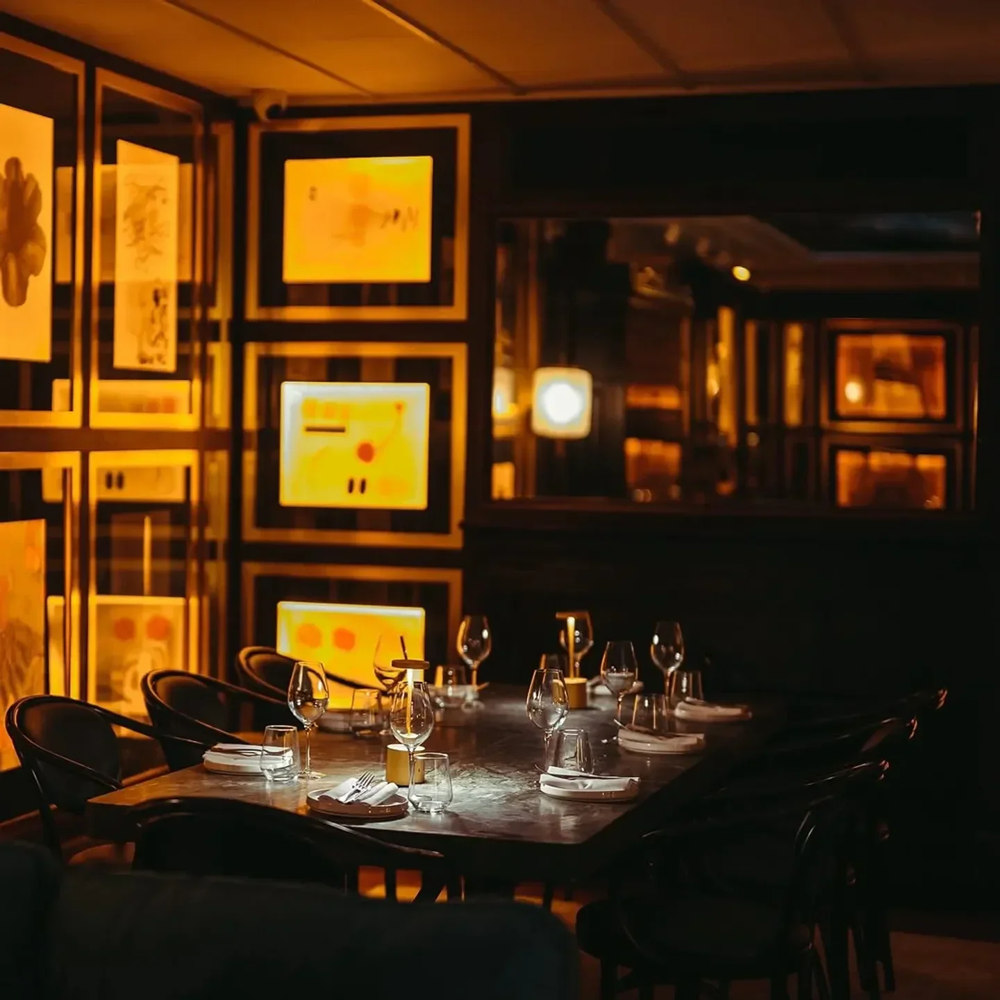 Cozy dining area at Hovarda London with a table set for dinner and art on the walls.