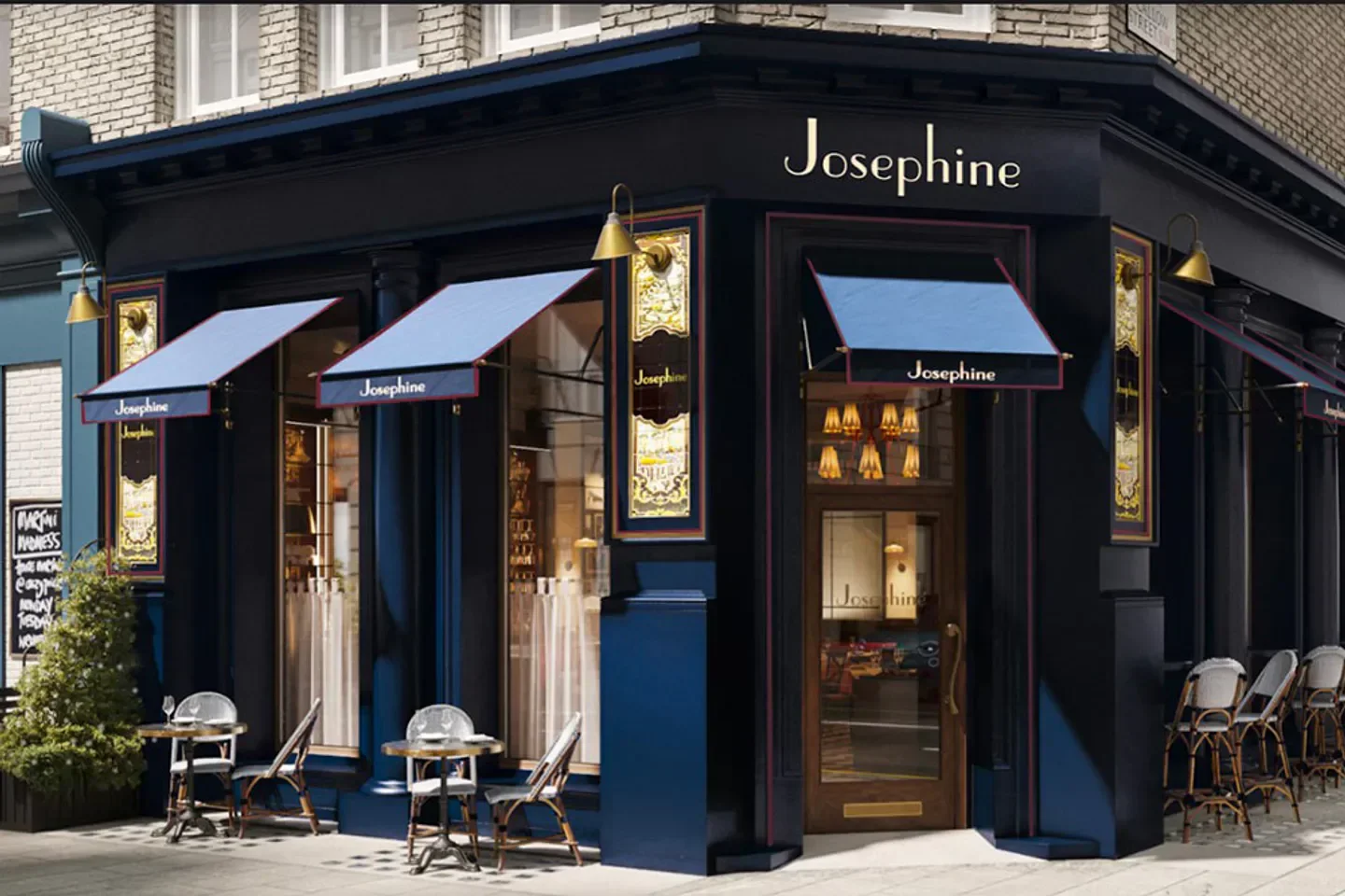 Exterior of Josephine Bouchon restaurant in London, with outdoor seating and elegant facade