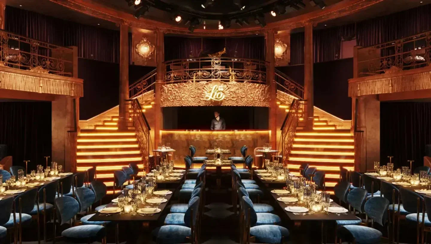 Elegant interior of Lio nightclub in London, with seating and a grand staircase.
