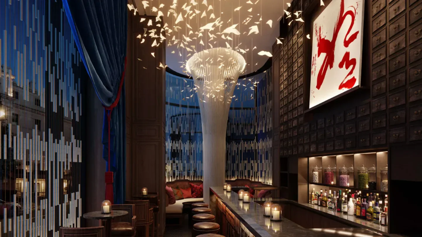 Interior of Little Blue restaurant in London, with stylish bar and unique decor.