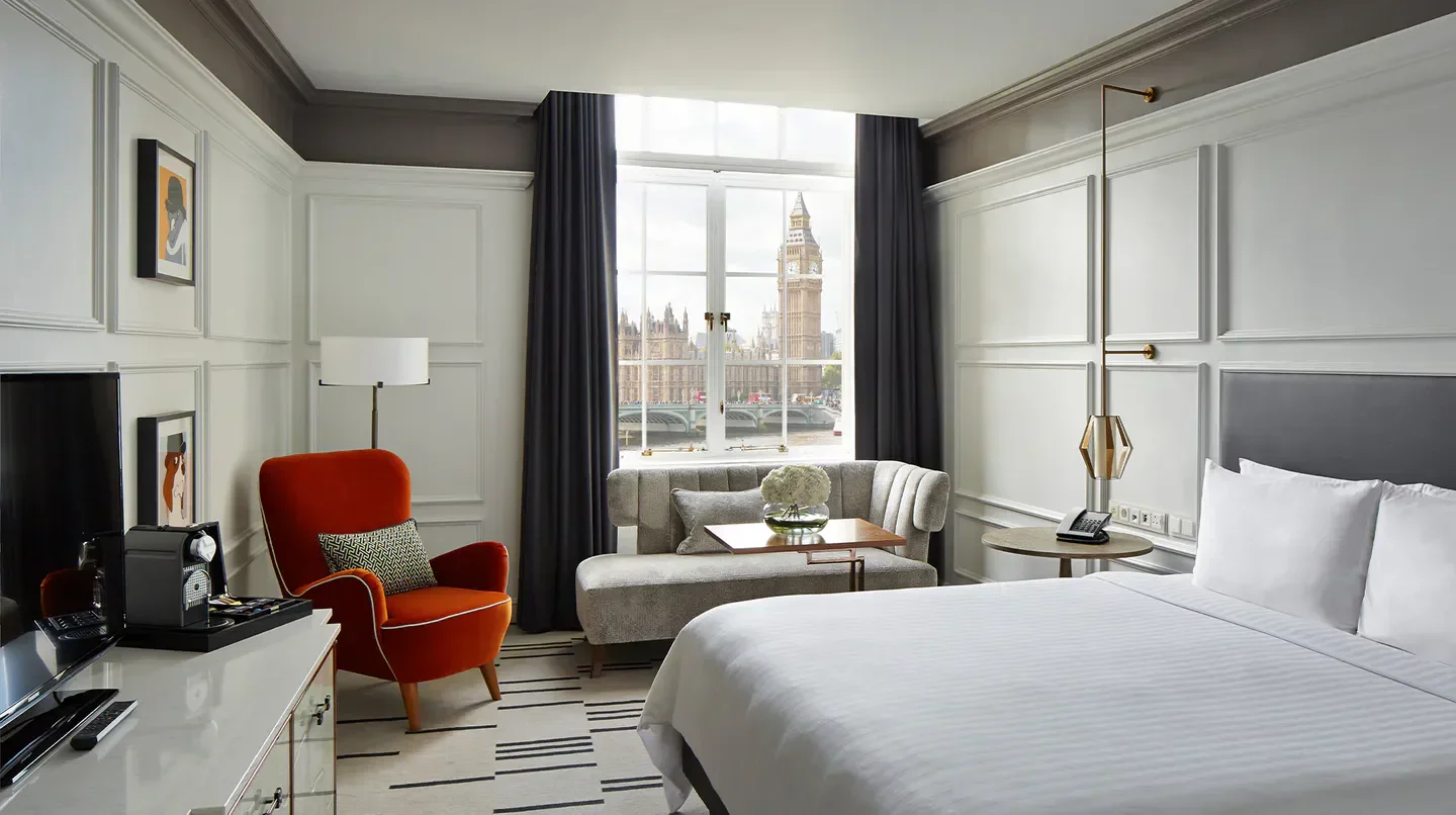 Guest room at London Marriott Hotel County Hall with Big Ben view in London.