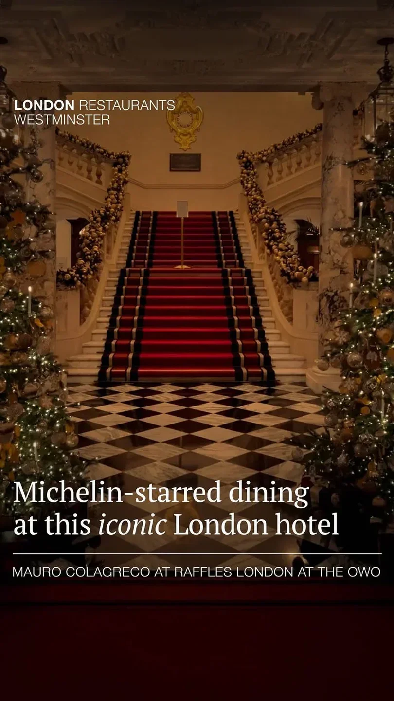 Mauro Colagreco restaurant in London: elegant red carpet staircase and Christmas decorations