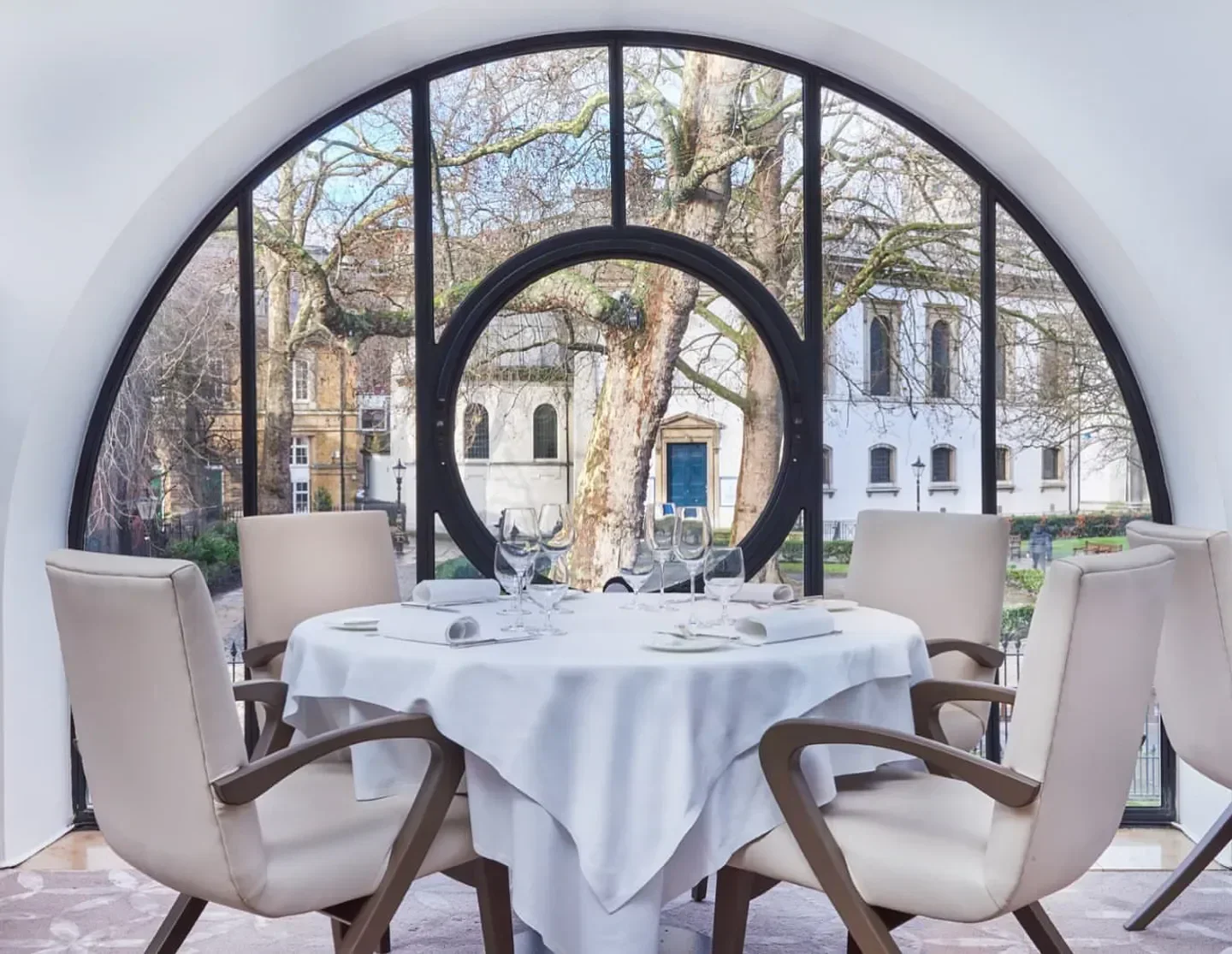 Orrery restaurant in London: elegant table setting with a view of the city