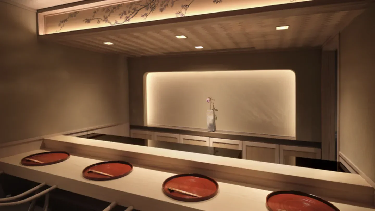 Elegant dining counter at Sushi Kanesaka restaurant in London with minimalist design.
