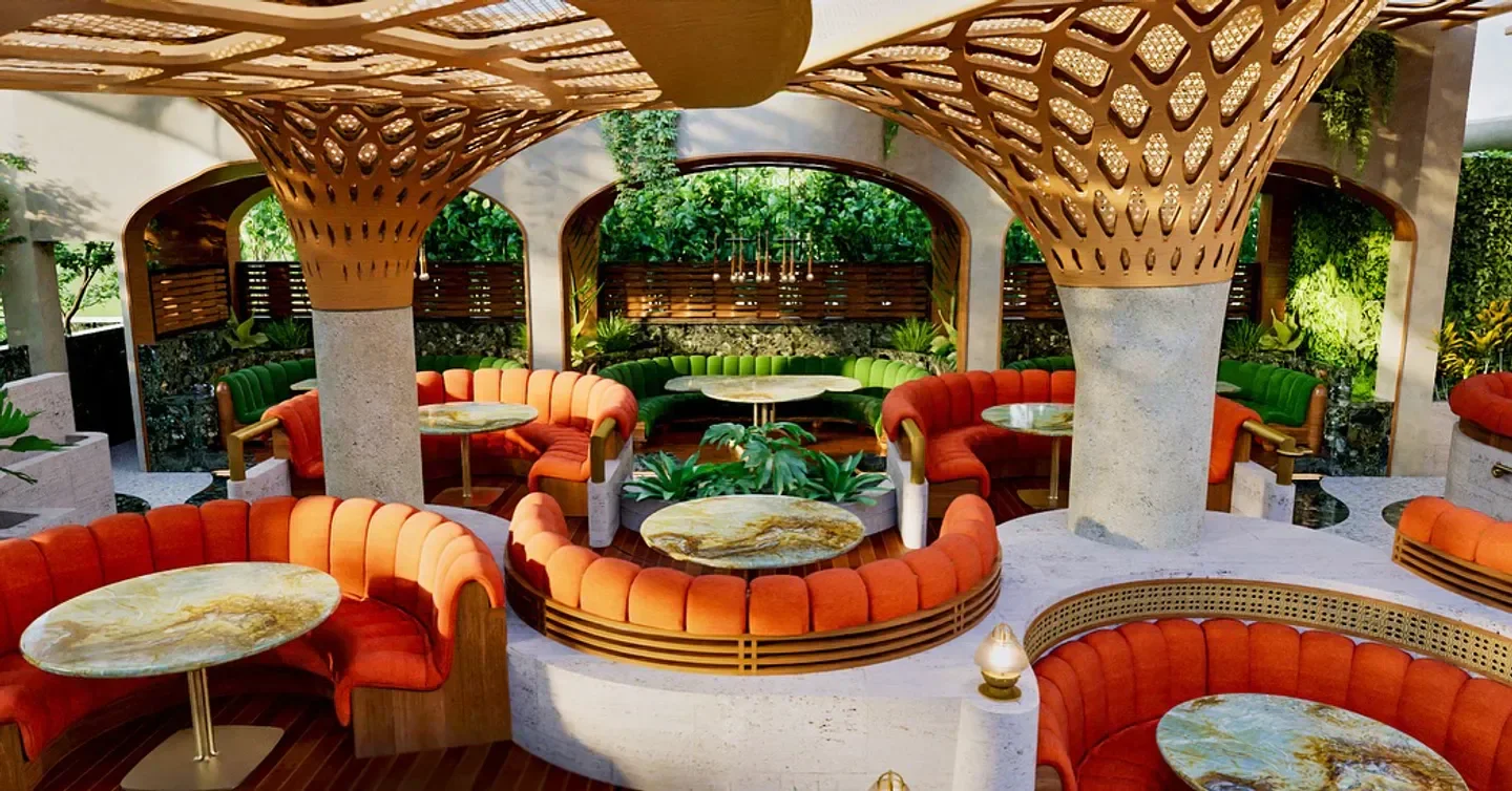 Stylish interior of Sushi Samba London restaurant featuring unique architecture and seating.