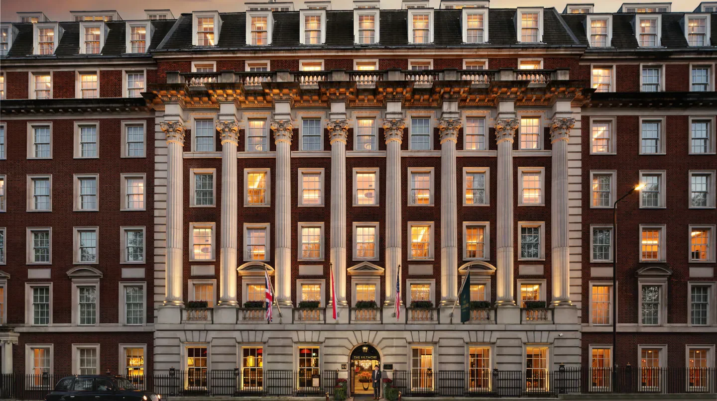 Exterior of The Biltmore Mayfair hotel in London, showcasing elegant architecture