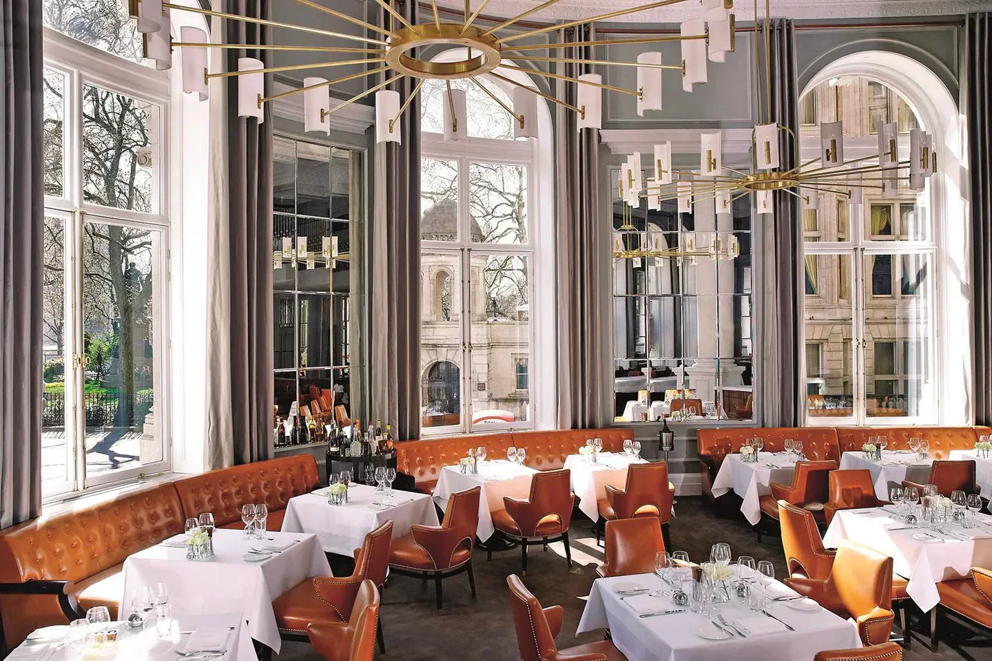 Elegant dining room interior at The Northall restaurant in London with city views