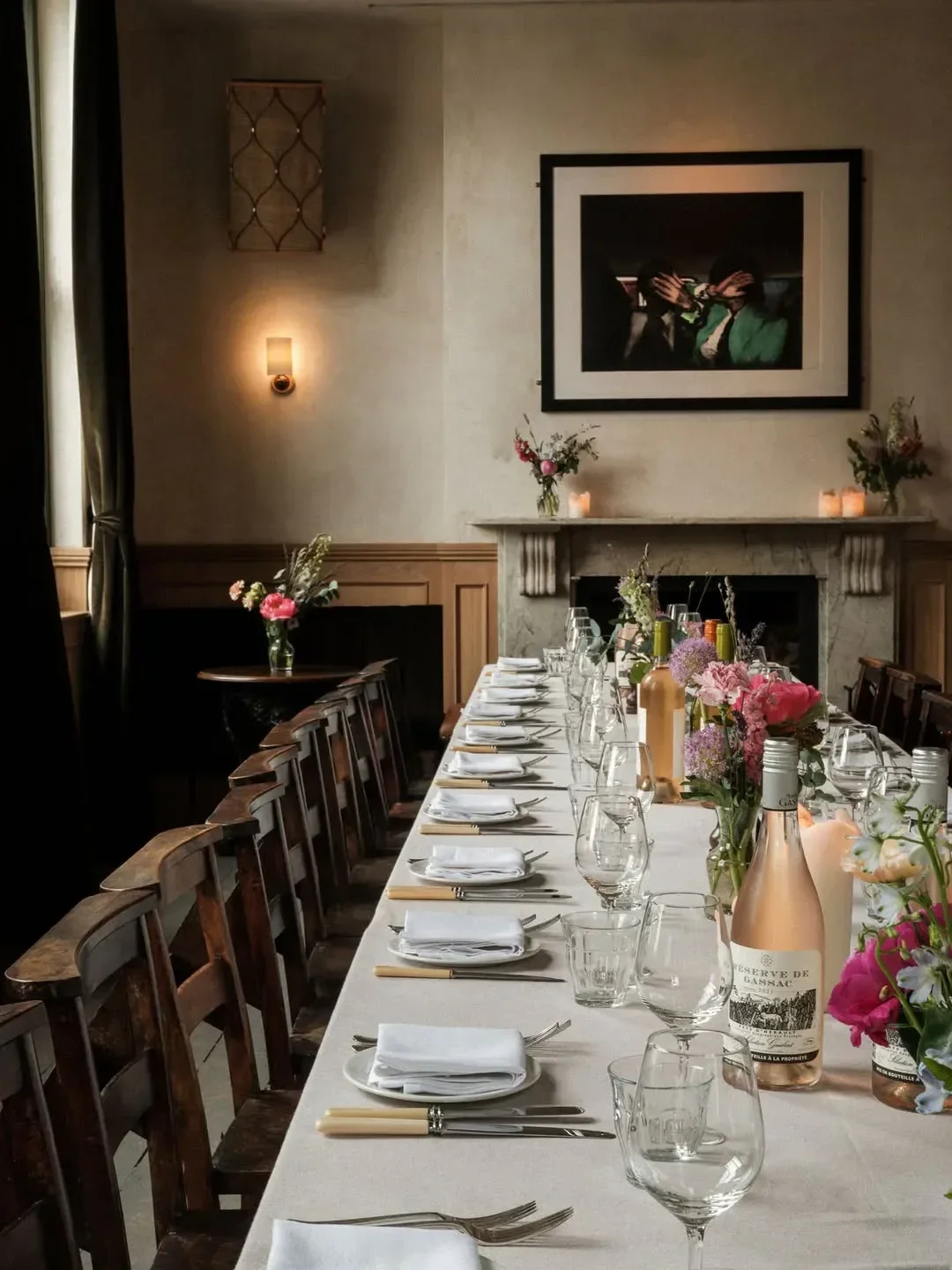 Elegant dining table at The Pelican restaurant in London, set for a special occasion.