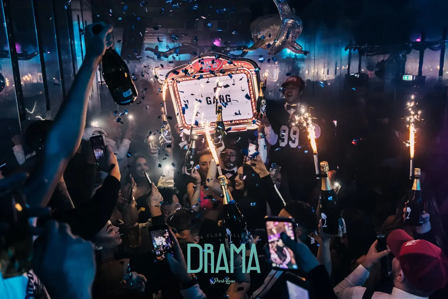 Celebratory atmosphere at Wyld Club in London, with champagne and confetti